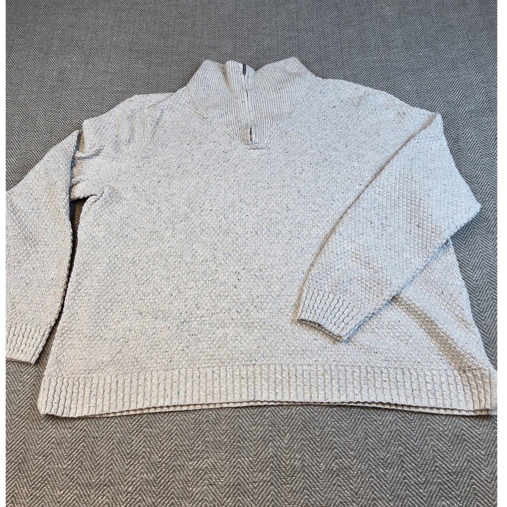 Lands End Womens L 14-16 Gray Marled Cotton 1/4 Zip Textured Pullover Sweater